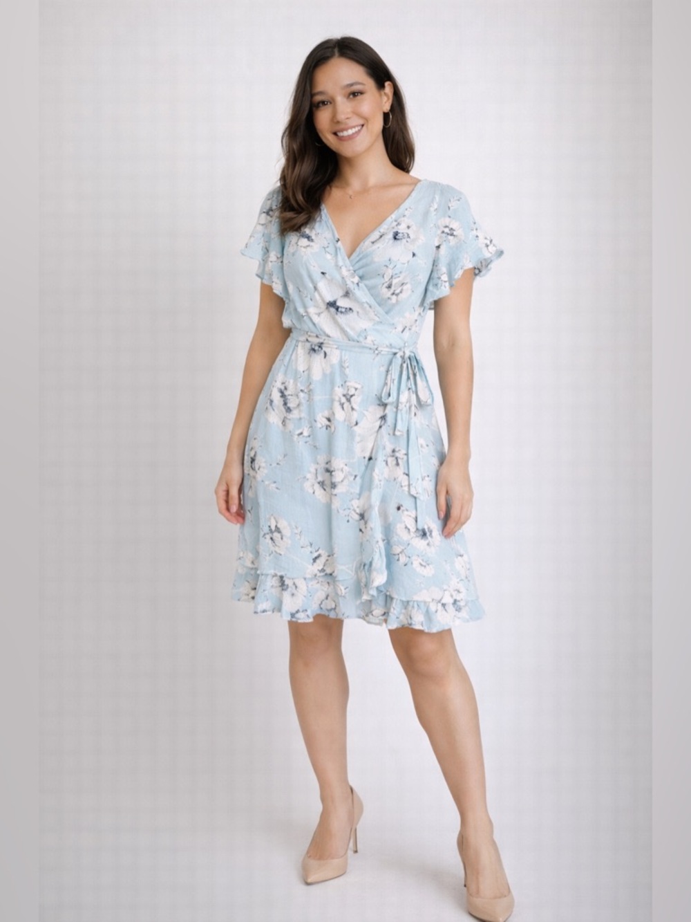 Free People French Quarter Wrap Dress XS Blue Floral Ruffle Boho Mini
